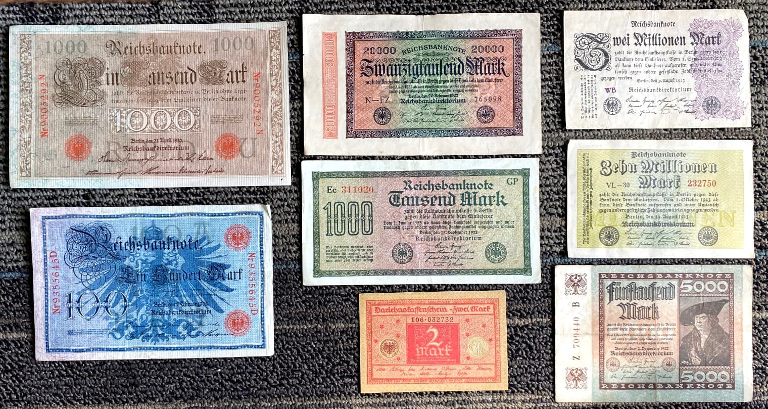 RARE German Banknote Set WWI & Hyperinflation 1908–1923 (8 Notes) - 100+ Yrs Old
