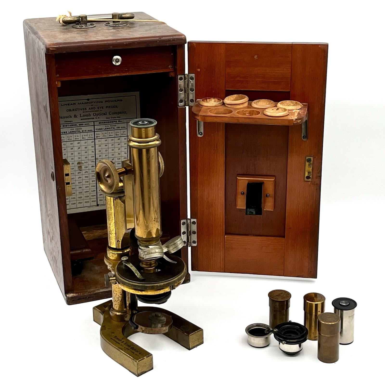 Antique Bausch & Lomb Optical Company Brass Microscope 23243 w/ Lenses in Box