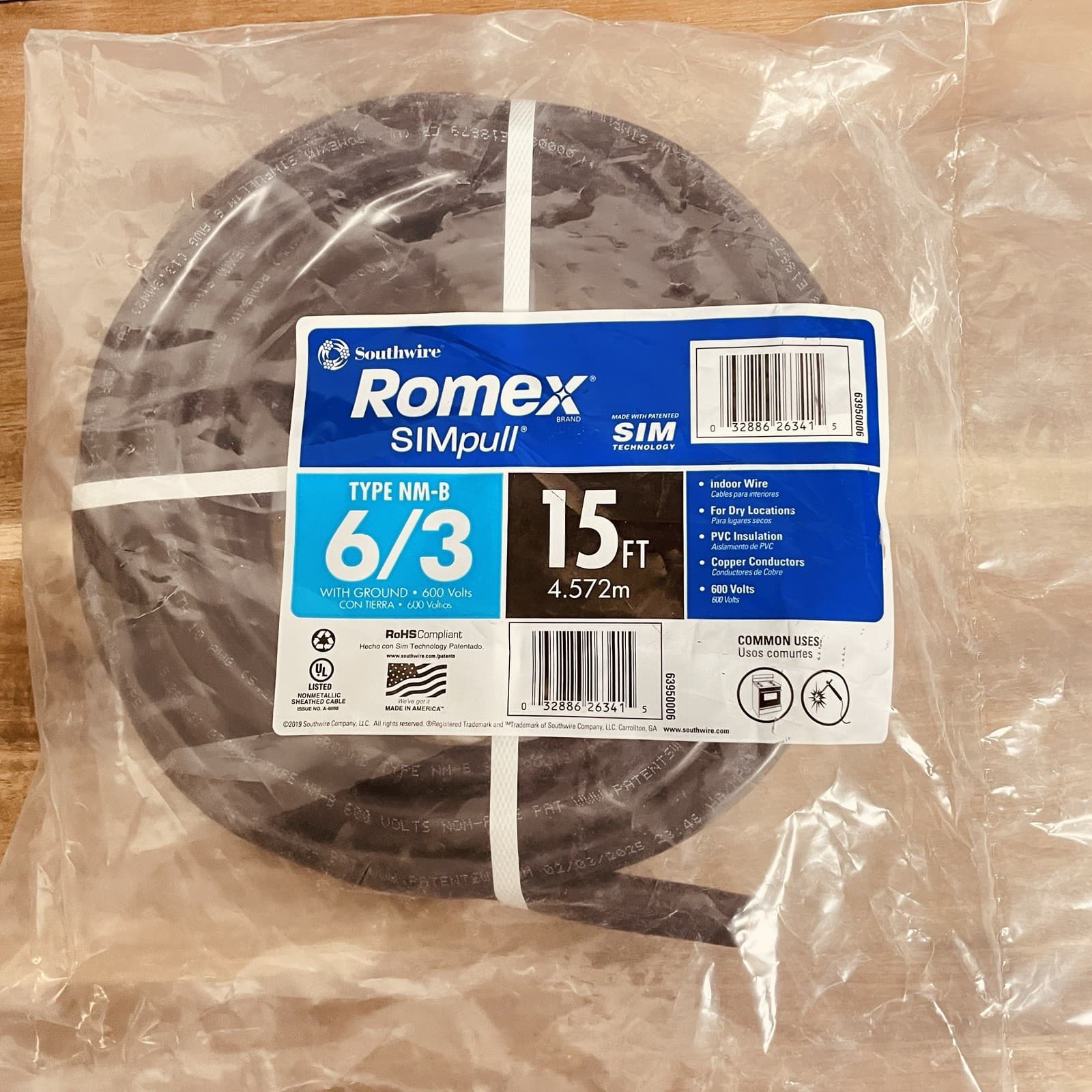 Southwire 15 ft. 6/3 Black Stranded Romex SIMpull CU NM-B W/G Wire