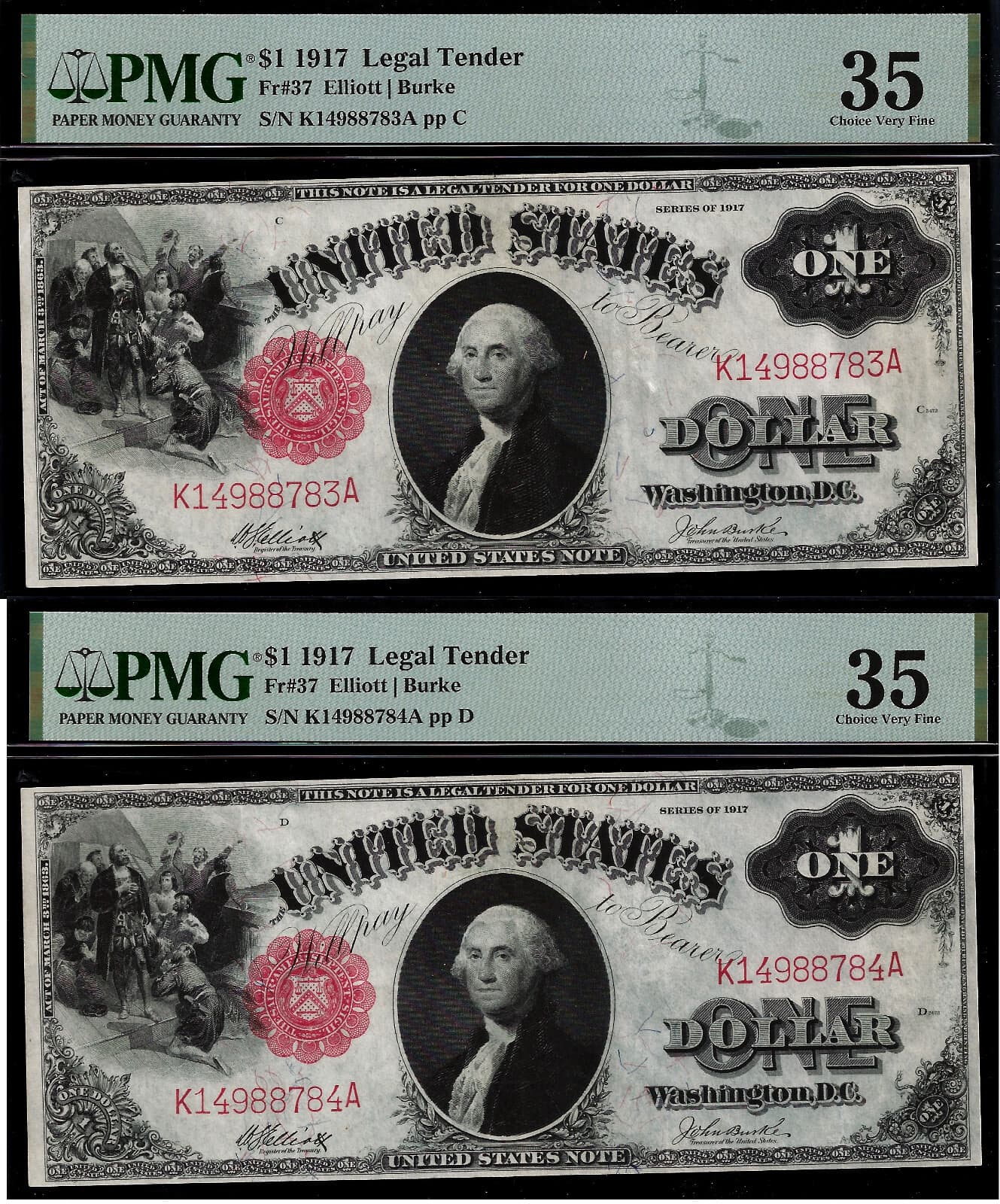 2-Consecutive - 1917 $1 Legal Tender - PMG 35 - US Note - Elliott-Burke - Fr 37