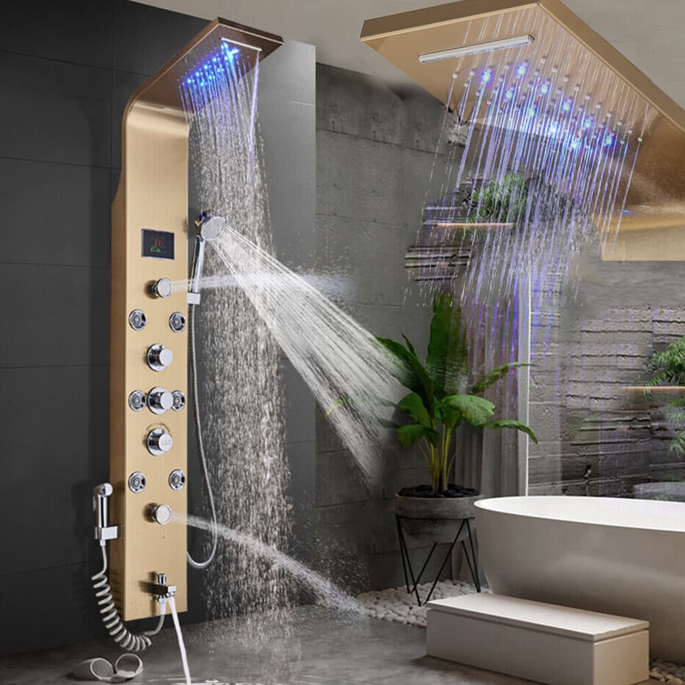 Stainless Steel Shower Panel Tower System Faucet Set Massage Jets Rain&Waterfall