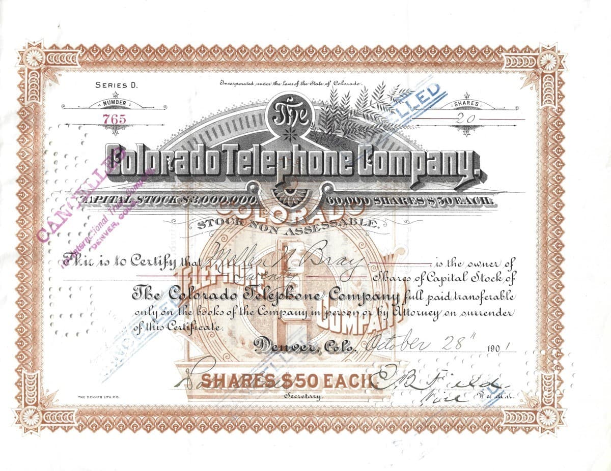 1901 Denver COLORADO Stock 💲 Colorado TELEPHONE Company