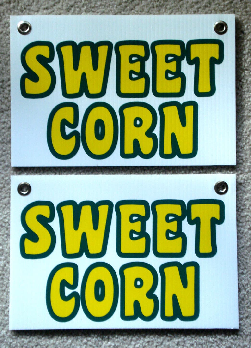 (2) SWEET CORN Plastic Coroplast SIGNS New! 8" X 12" with Grommets