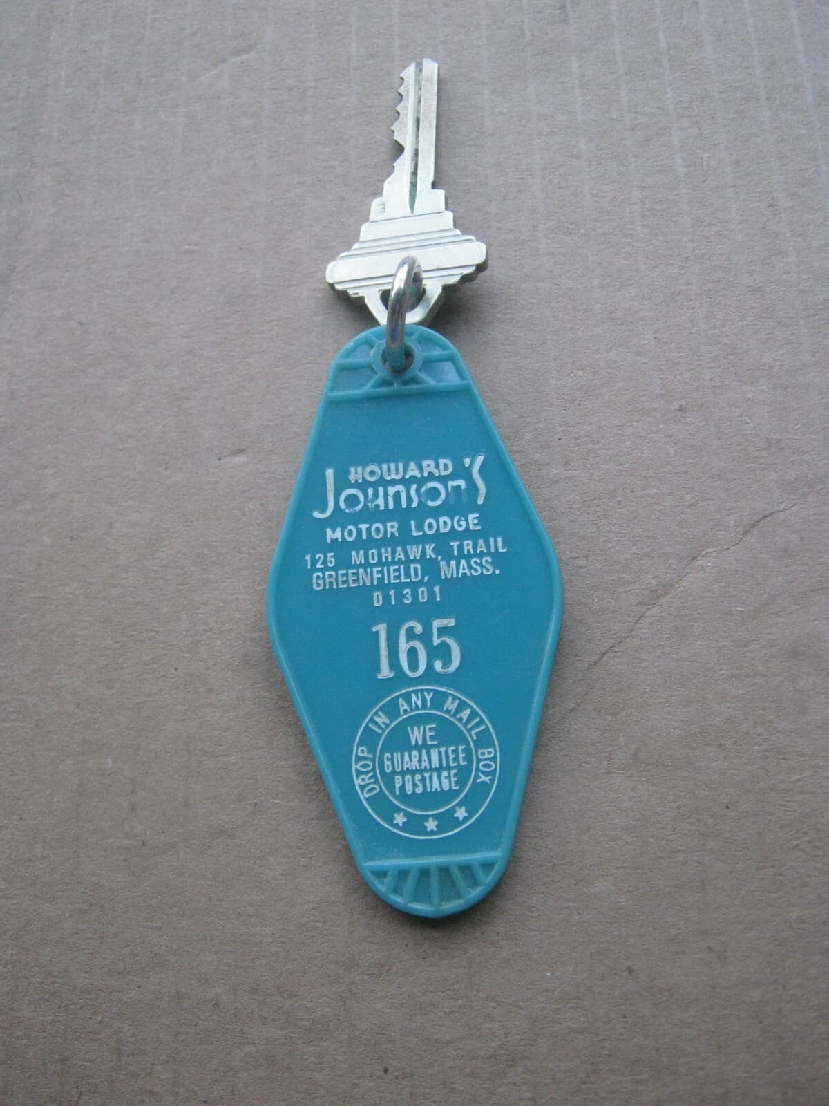 Vintage Hotel Room Key # 165 Howard Johnson's Motor Lodge Greenfield MASS 01301