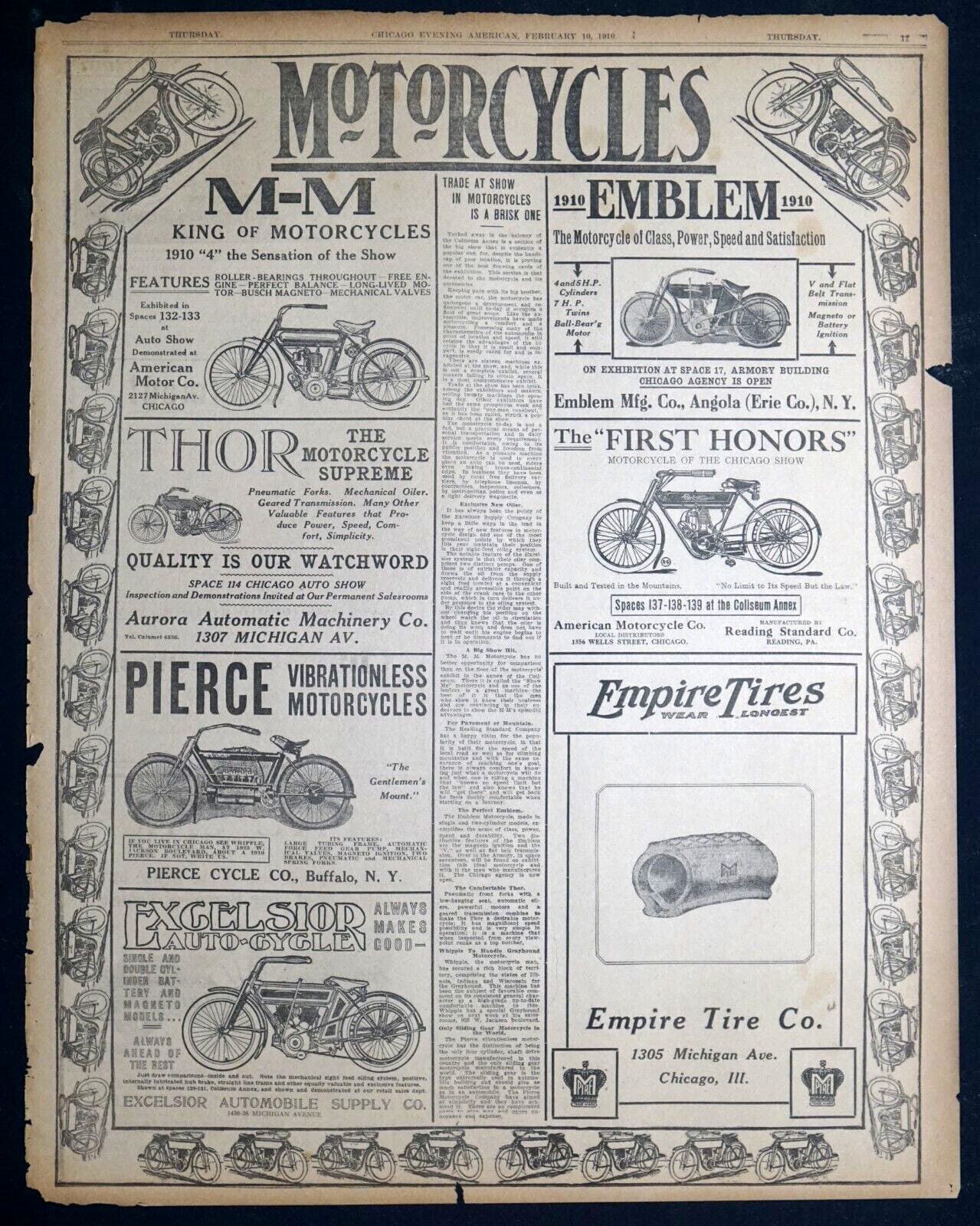 1910 Newspaper Page - Fantastic Looking Full Page of Vintage Motorcycle Ads