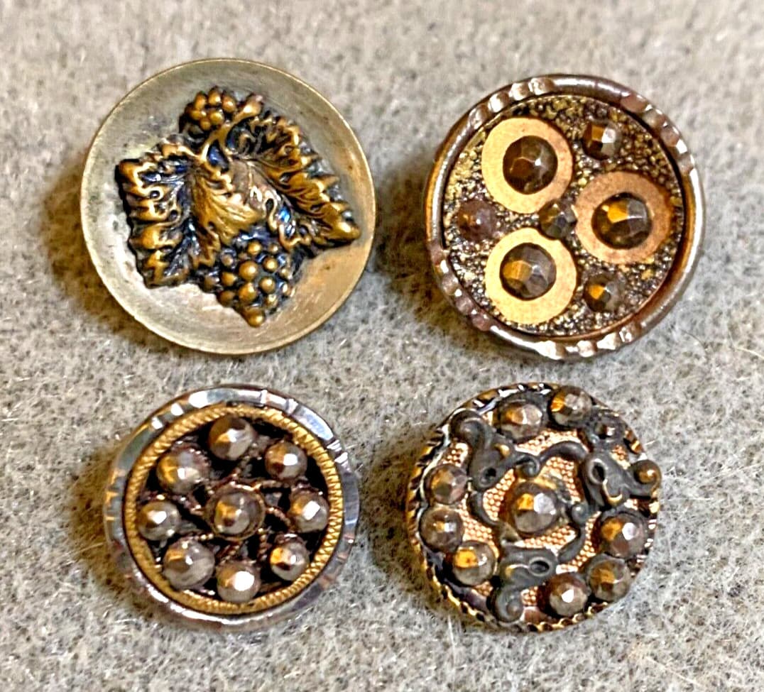 4 Late 1800s Steel Cup Buttons Stamped Brass Faceted Steels Grapes Florals