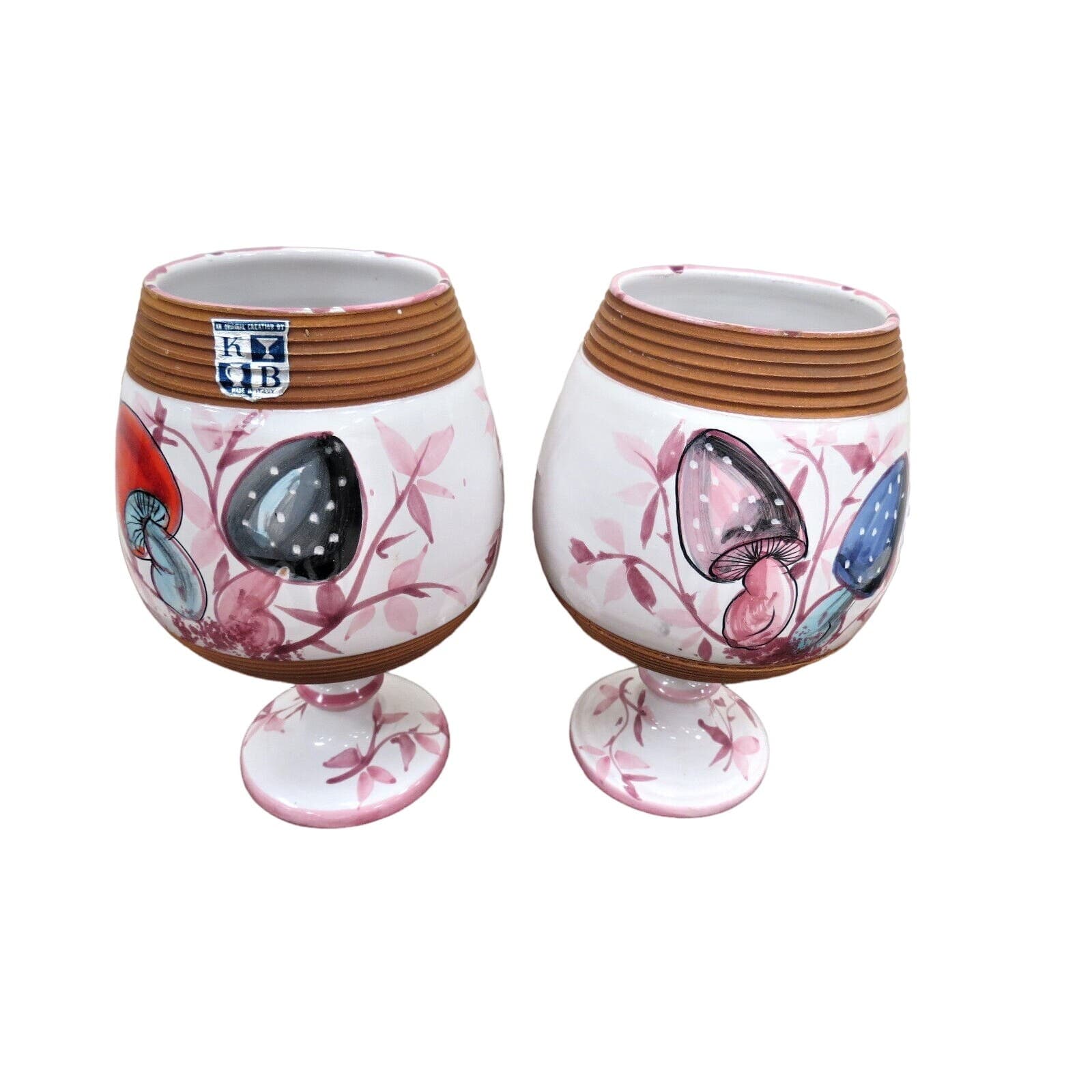 KBNY Italian Mushroom Vases - Two Large Goblets Hand Painted Italy