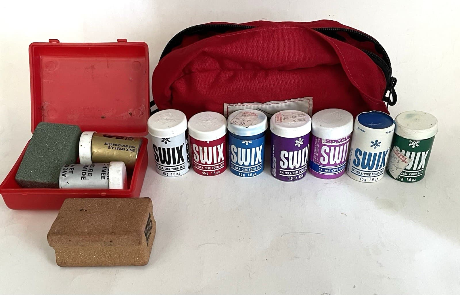 LARGE Lot of 9 SWIX Ski Wax Tubes Scraper Cork XC Various Temps in Vtg KELTY BAG