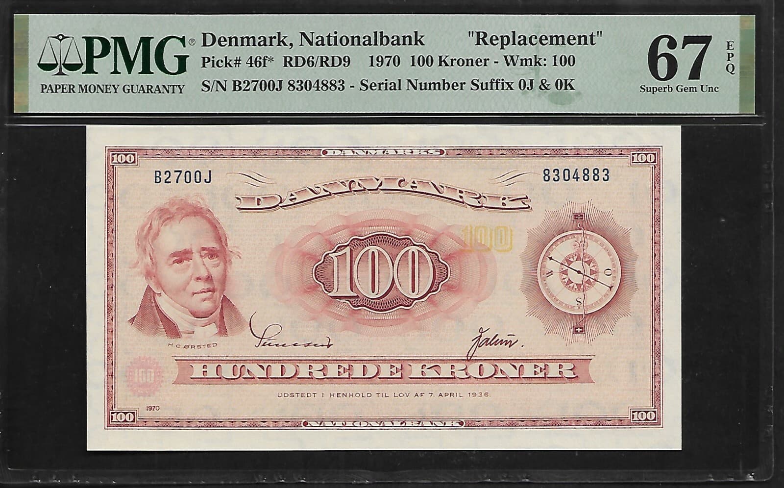 Denmark 100 Kroner 1970 PMG 67 EPQ UNC P#46f* Replacement/ Star Series B2700J