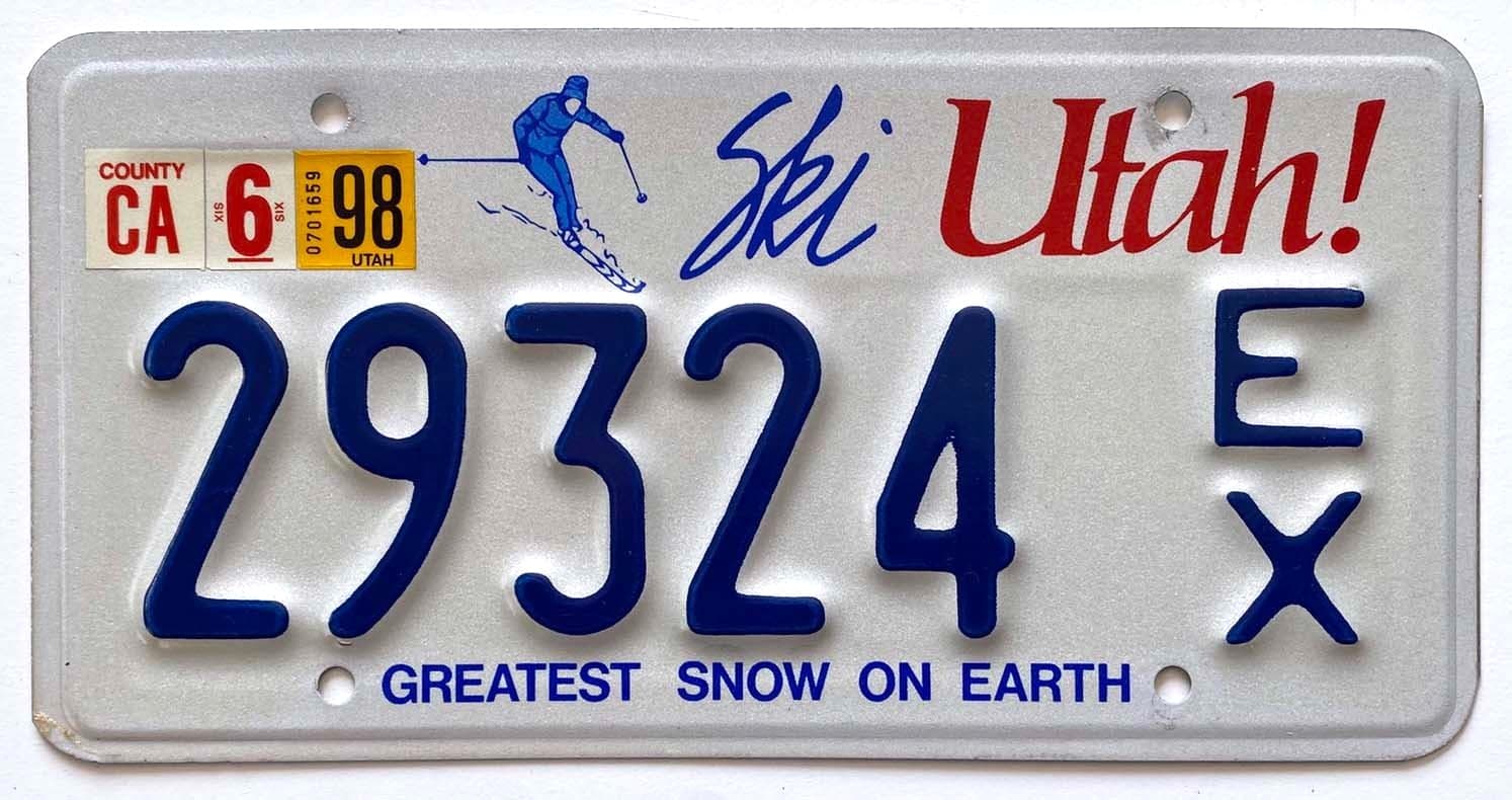 Ski Utah 1998 Greatest Snow Government Exempt License Plate 29324 Cache County