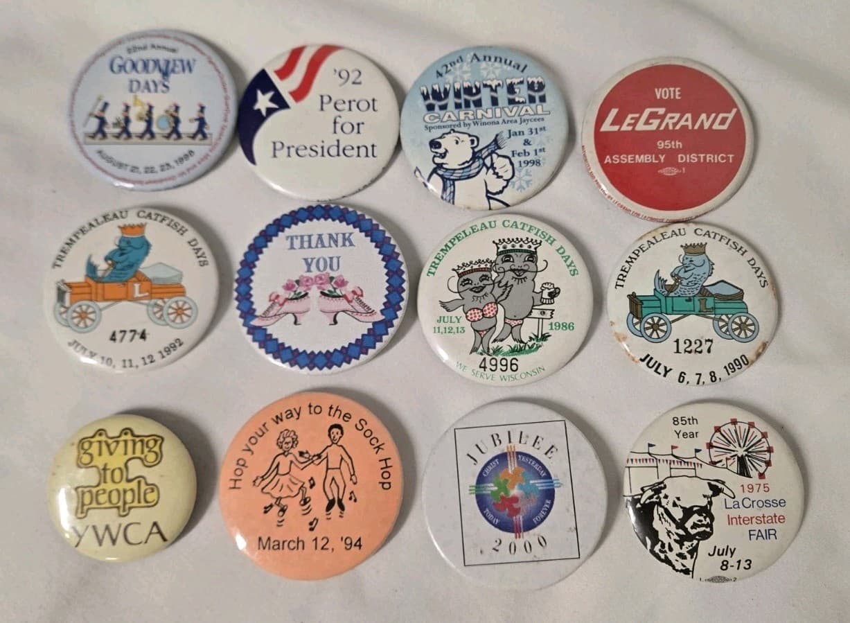 Lot 12 Vintage Pinback Buttons Wisconsin Catfish Sock Hop Perot President More