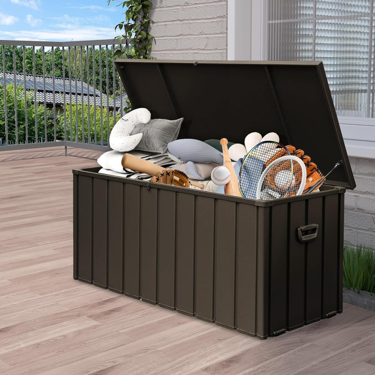 Domi 160 Gallon Metal Outdoor Storage Deck Box Waterproof w/Lockable (Brown)