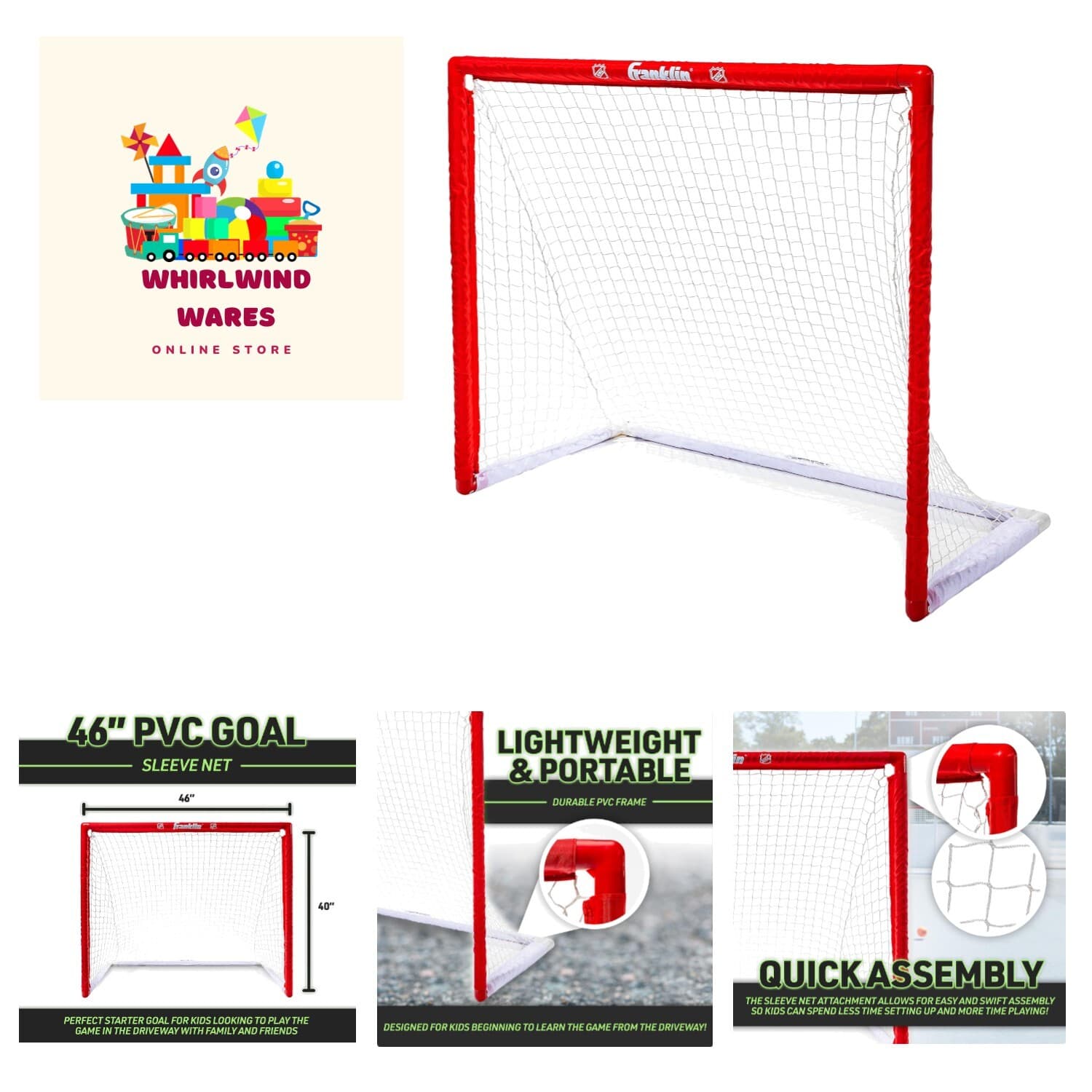 NHL Street Hockey Goal with Net - Portable Lightweight PVC Youth Street + Rol...