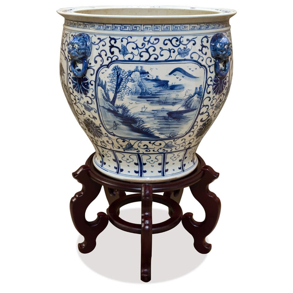 US Seller - 16.5 Inch Blue and White Porcelain Scenery Chinese Fishbowl Planter