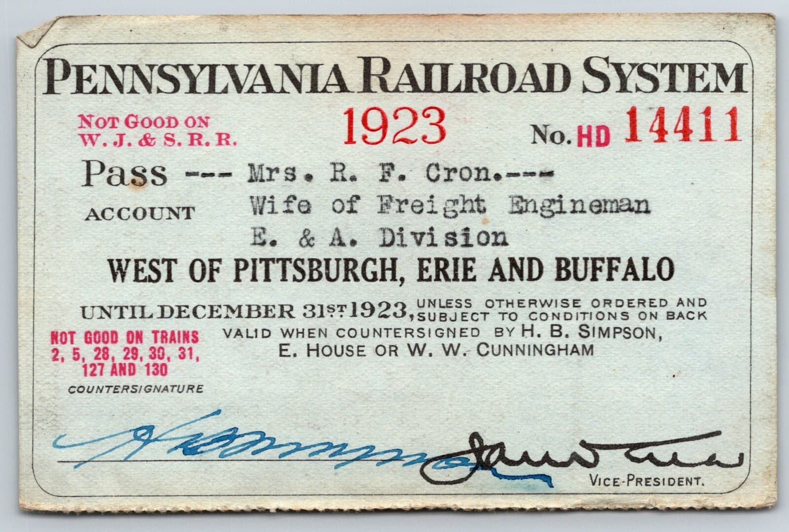 1923 Pennsylvania RR System "West of" Employee Wife "Cron" Railroad Pass