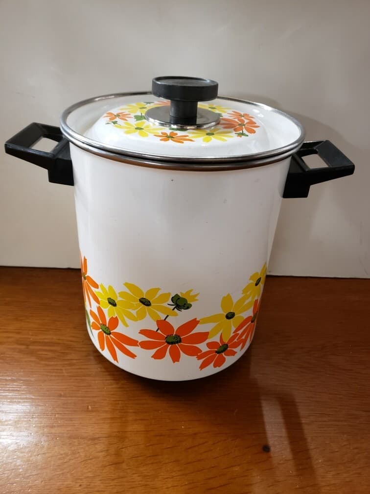 Vintage Ekco Country Garden Porcelain Clad Cookware 5 Qt Steamer Boiler Pot