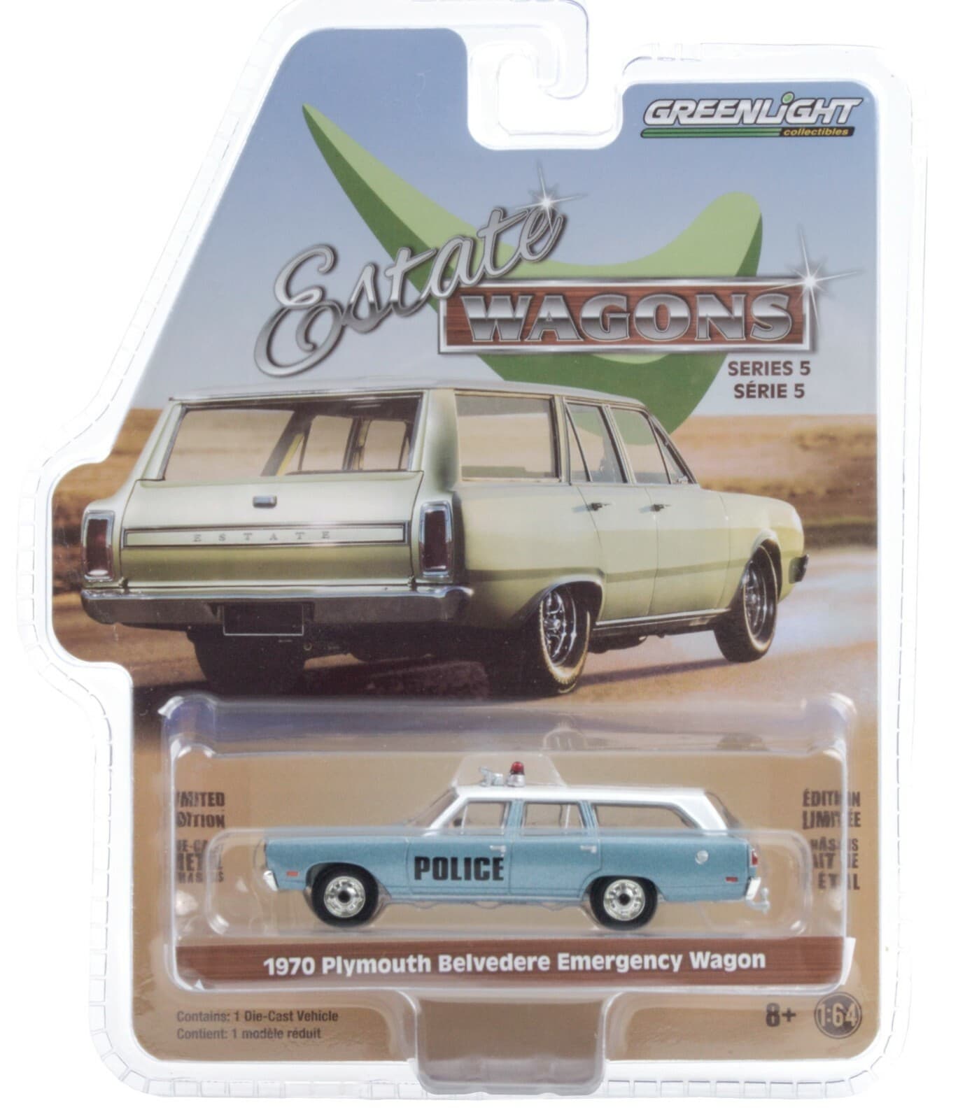 1:64 GreenLight *ESTATE WAGONS 5* Blue 1970 Plymouth Belvedere Police Wagon NIP
