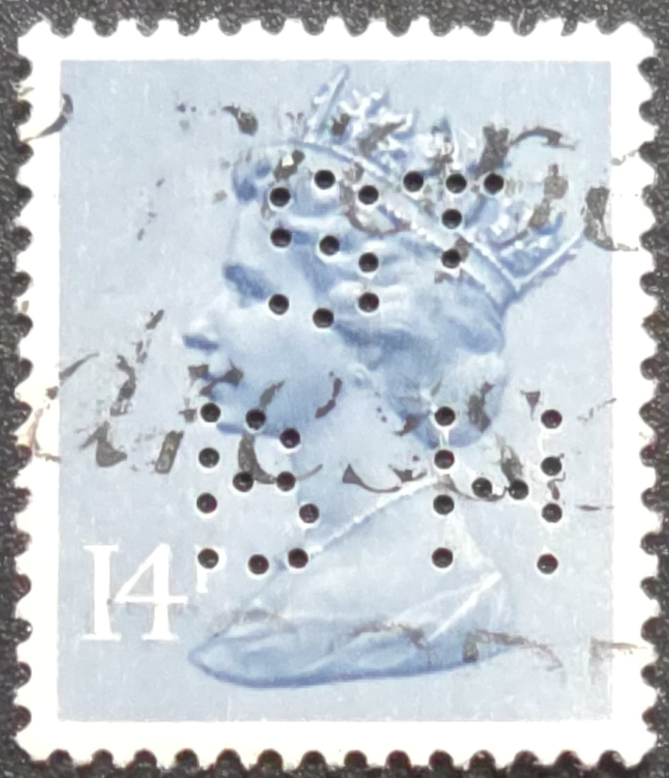 UK - 1970s Queen Elizabeth II 14p Machin Head - "St BH" PERFIN – Stamp