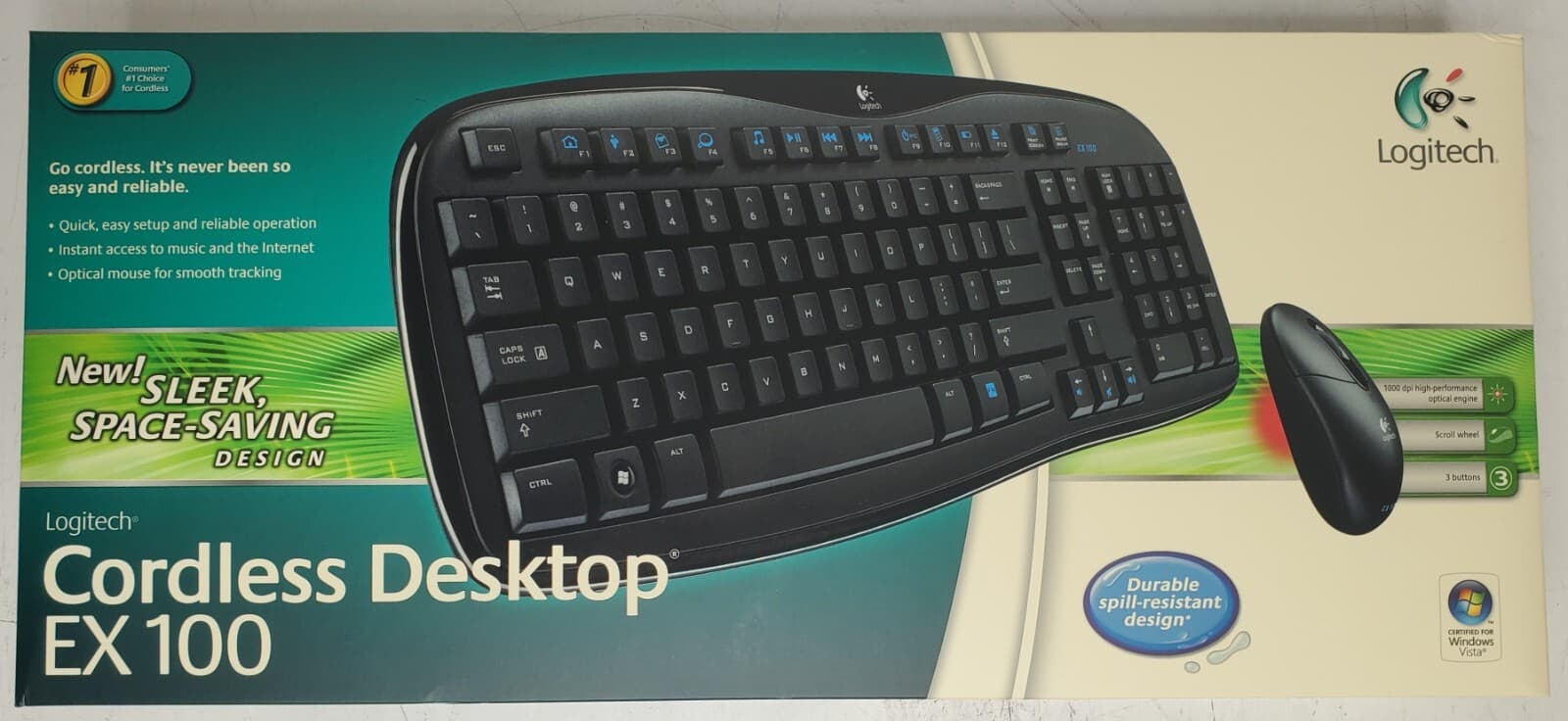 Logitech EX100 Cordless Keyboard and Optical Mouse with Receiver No Batteries