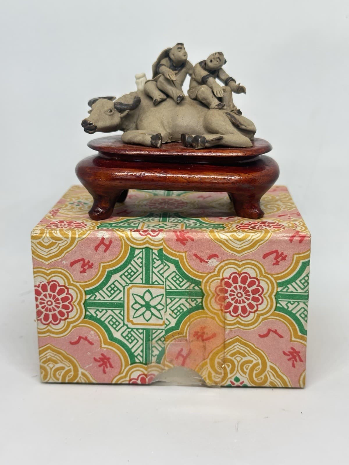 Chinese Miniature Mud Men Two Men on Ox on Base Boxed READ