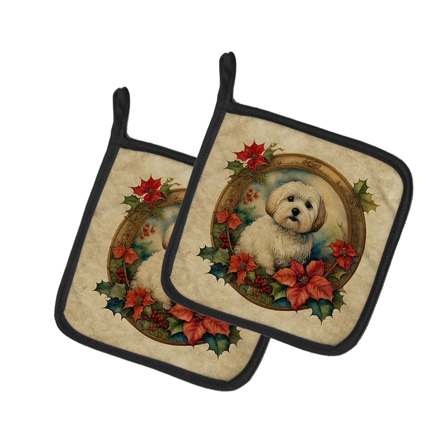 Coton De Tulear Christmas Flowers Pair of Pot Holders DAC2351PTHD