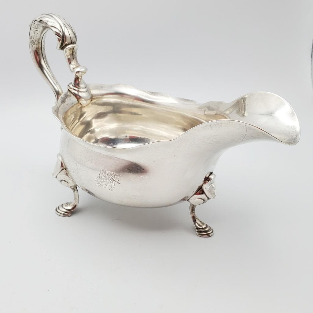 Antique English Sterling Gravy Sauce Boat 1700s Winged Lion Crest Griffin Hooves