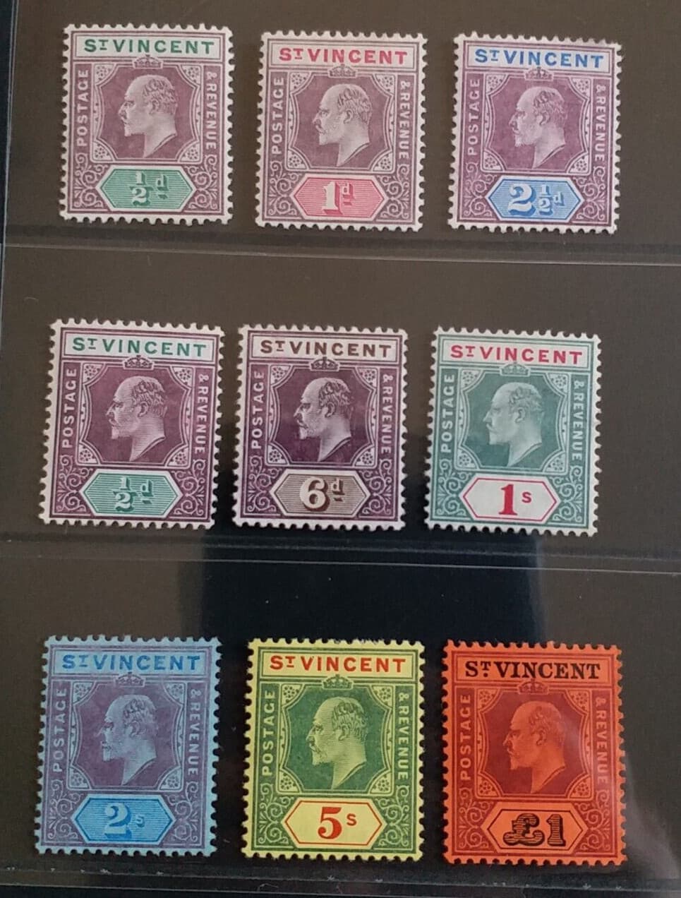 ST. VINCENT 1904 KE VII 1/2d to £1 SG 85 -93 Sc 82 - 89 wmk MCCA set 8 MLH/MH