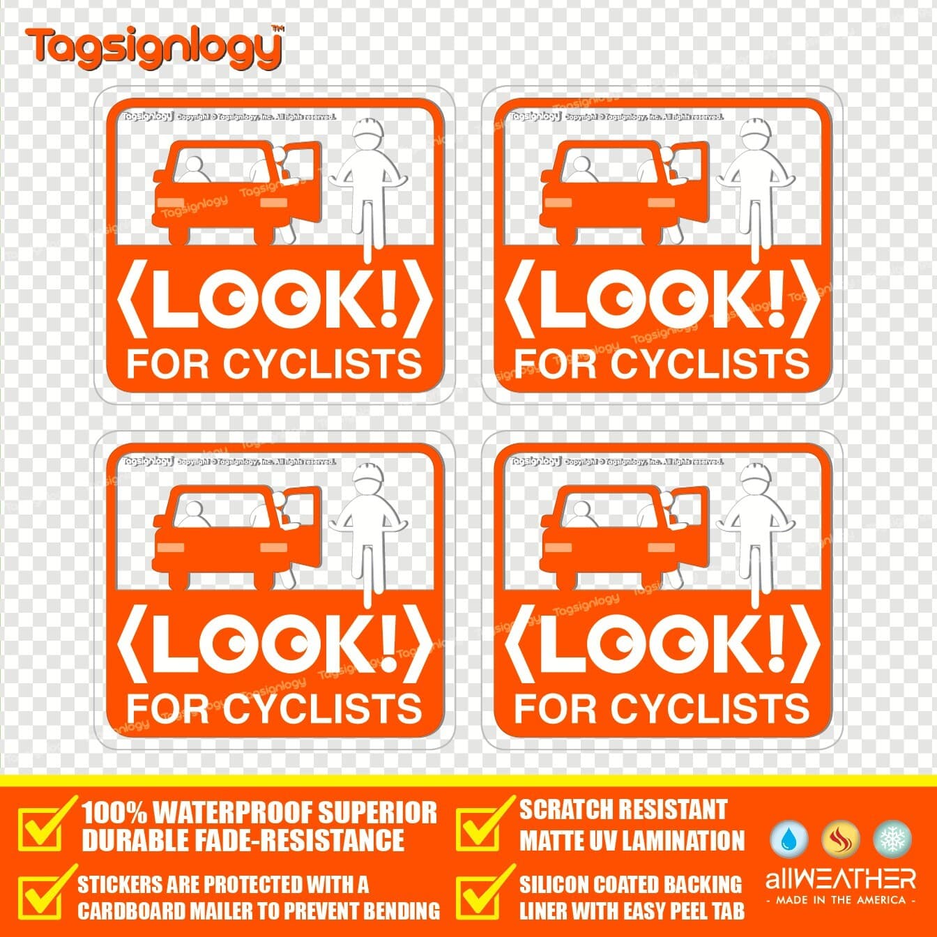 4pcs Look For Cyclist Awareness Decal - Prevent Dooring Accidents Clear Stickers