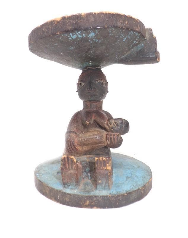 RARE SMALL CARVED WOOD YORUBA DIVINATION TRAY SET ON PLINTH OF MOTHER & CHILD VG