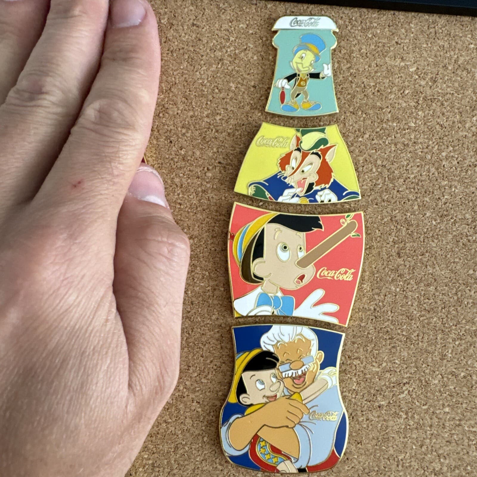 Disney Pinocchio Fantasy Pin Set Coke Bottle LE 100 Jiminy Geppetto Honest John