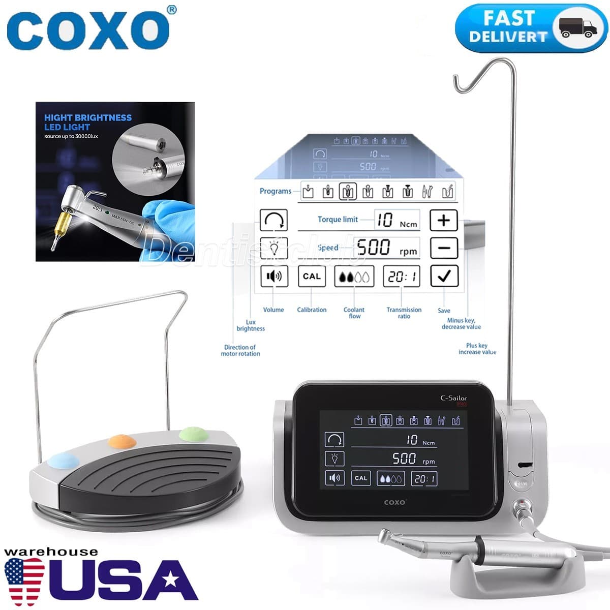 COXO Dental LED Implant Motor Surgical System 20:1 Contra Angle C-SAILOR PRO