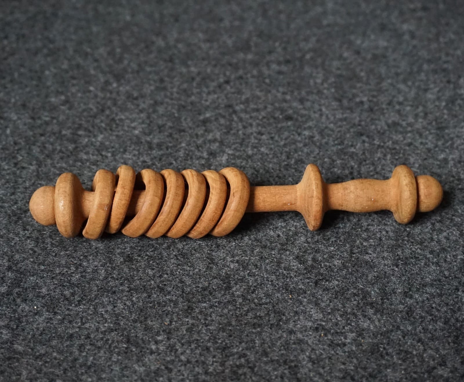 Turned Wood Baby Rattle with Teething Rings 6-3/8" Long Handmade Vintage *READ