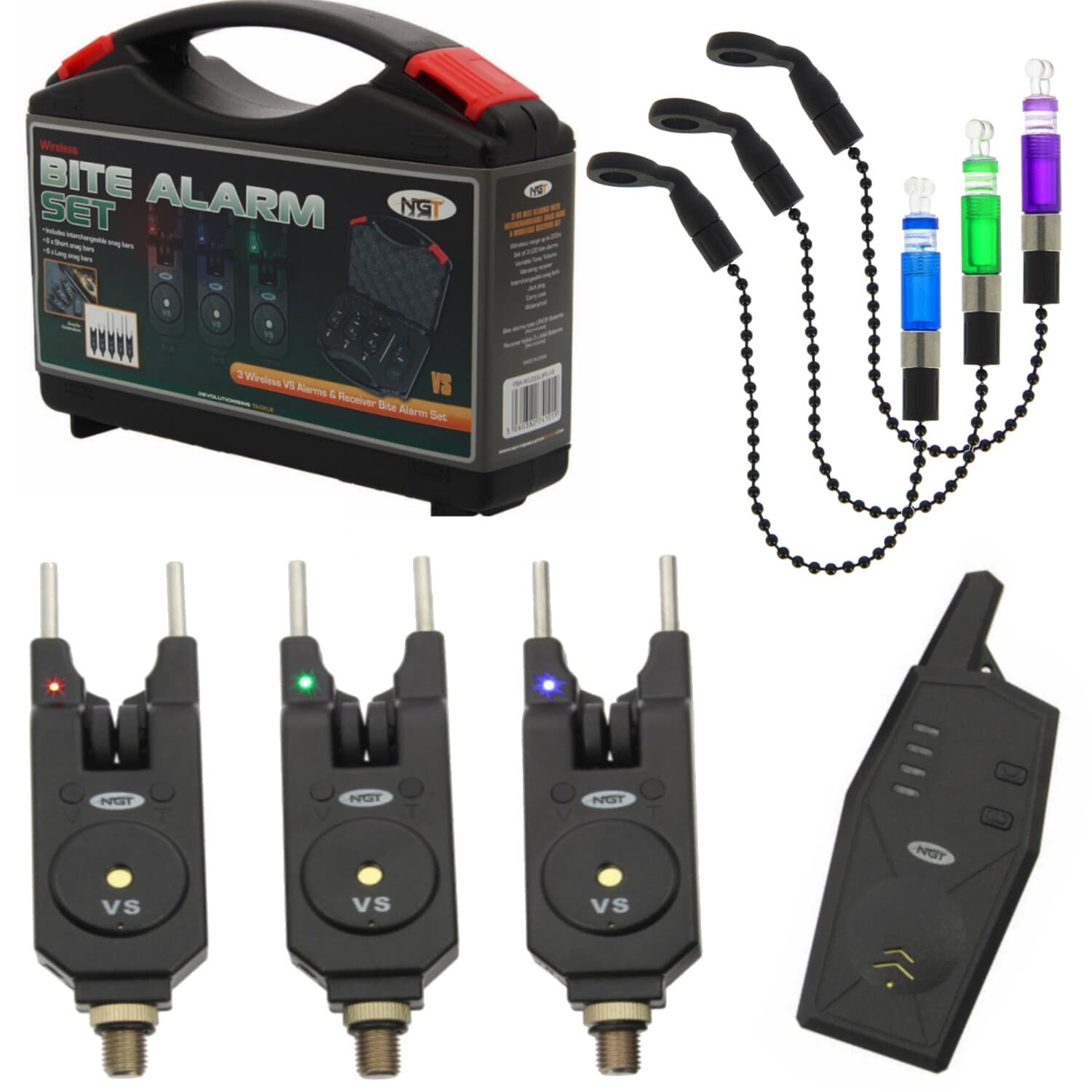 NGT Wireless Bite Alarm Set with Receiver 2 or 3 Alarms with Bite Indicators