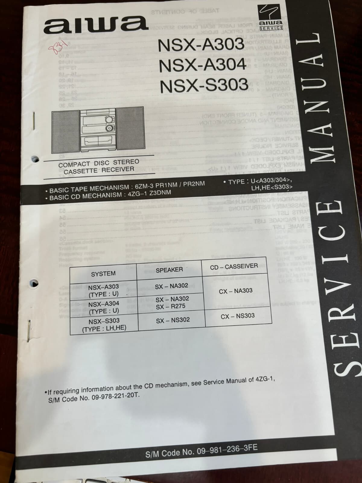 AIWA NSX-A303 NSX-A304 NSX-S303 CX-NA303 834 1121 Service Manual **ORIGINAL**