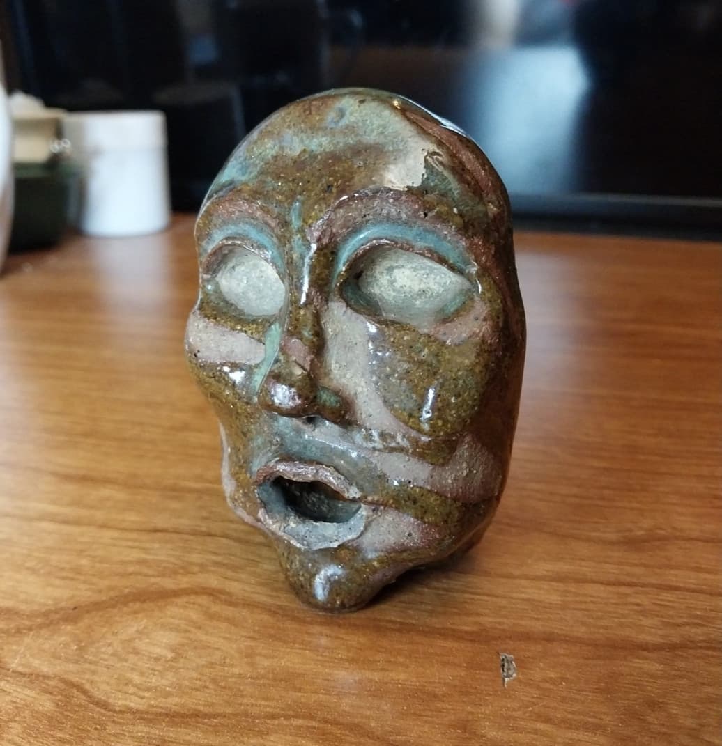 Heavy 3.5" Brutalist Ceramic Face Mask Sculpture Miniature Glazed Excellent!!!