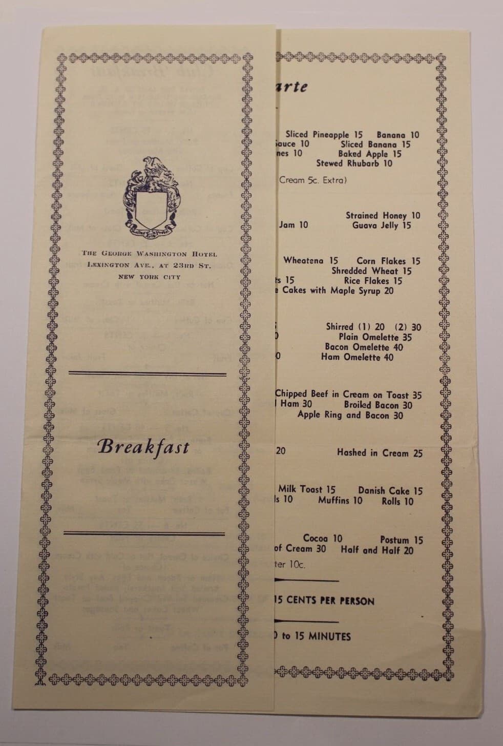 1930's Breakfast menu George Washington Hotel Lexington Ave at 23rd St New York