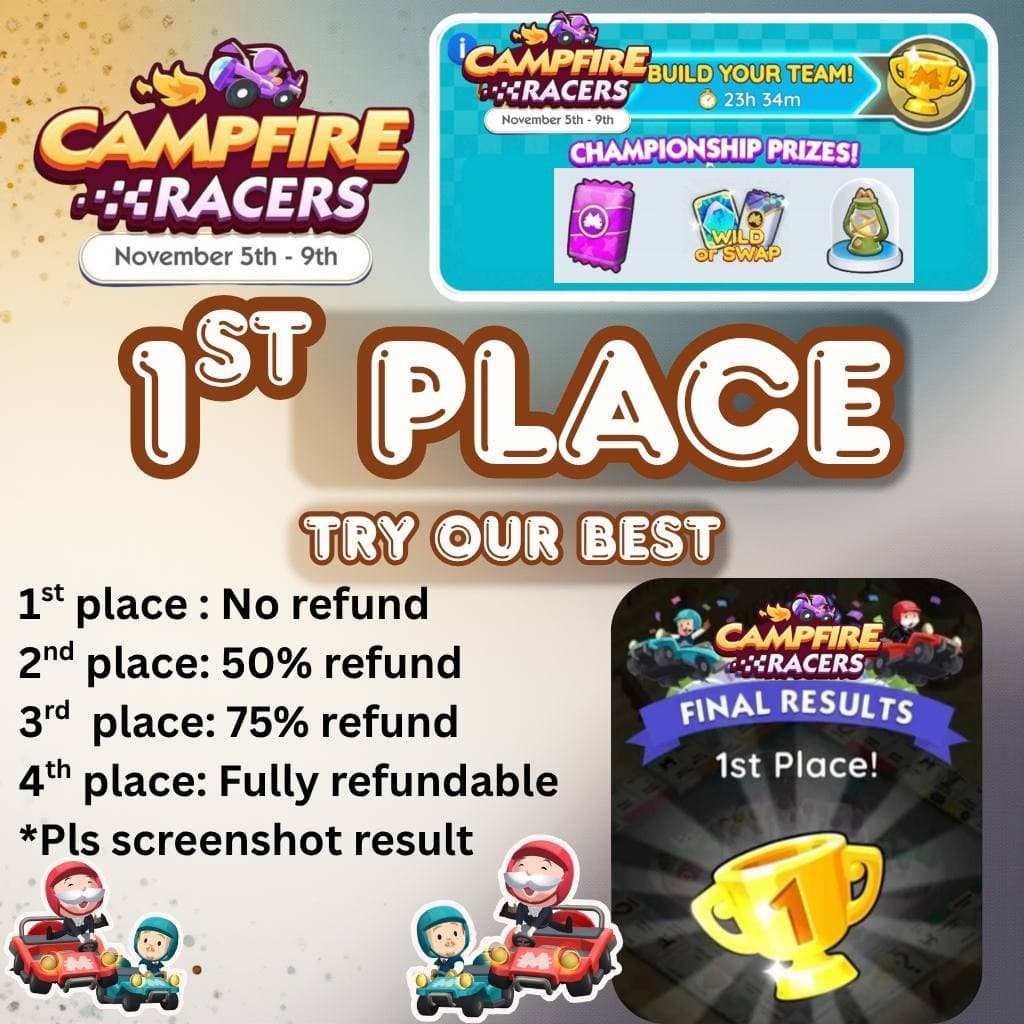 Campfire Racers Monopoly GO Try Our Best 1ST PLACE Tycoon Racer