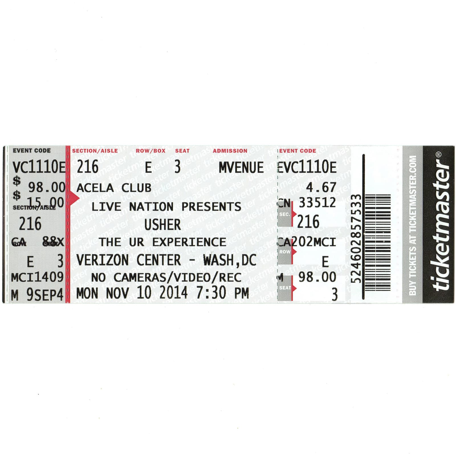 USHER Full Concert Ticket Stub WASHINGTON DC 11/10/14 THE UR EXPERIENCE Rare
