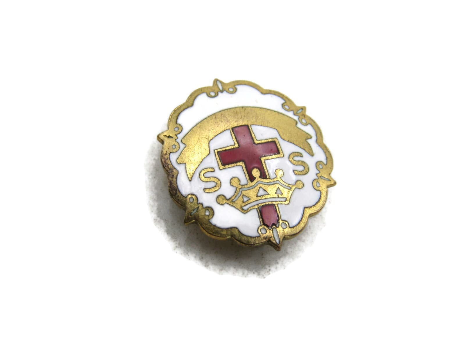 S. S. Cross Crown Pin White Red & Gold Tone