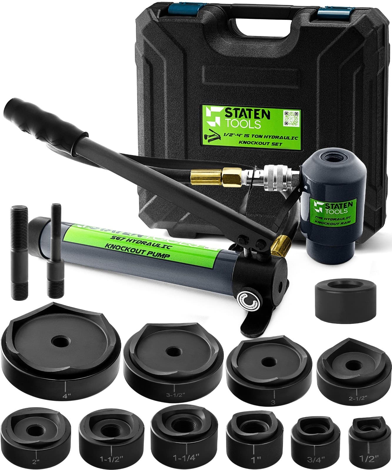 1/2" - 4" Hydraulic KO Set | 15 Ton | 10 Dies | 11-16 Gauge | Staten Tools
