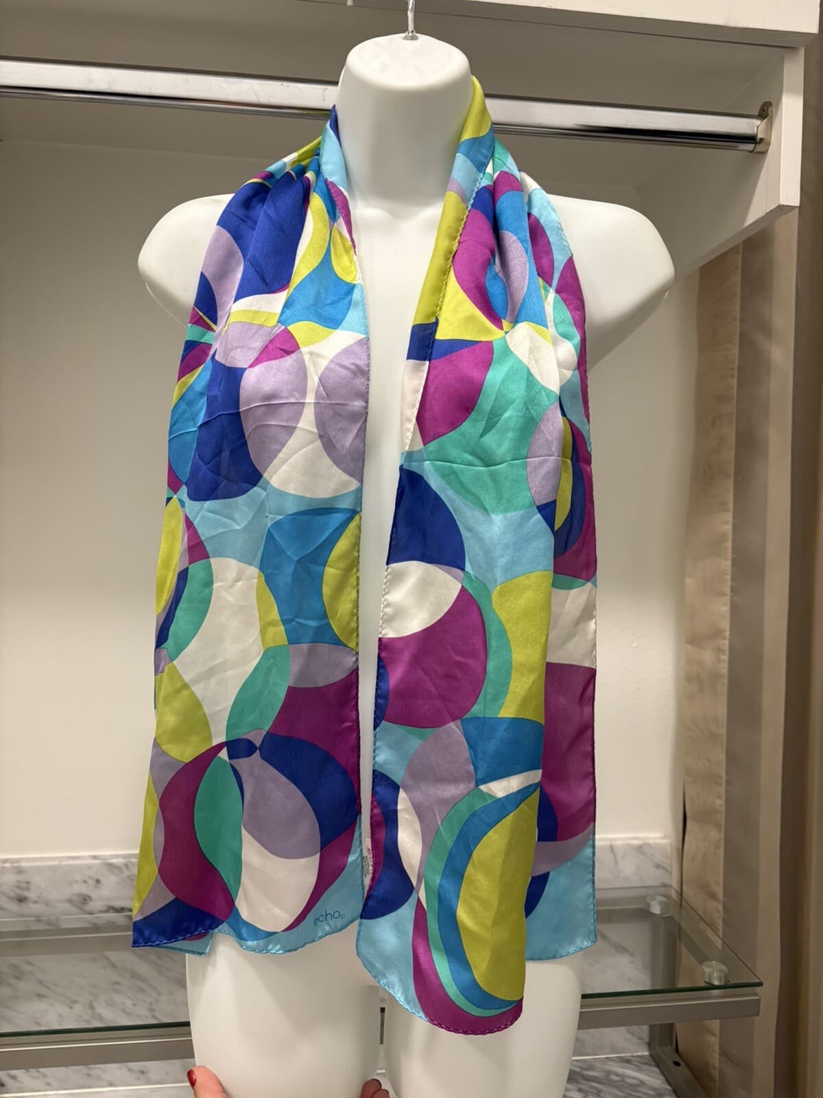 Ecco Silk Scarf Multi Color Geometric Pattern 100% Versatile Rectangular