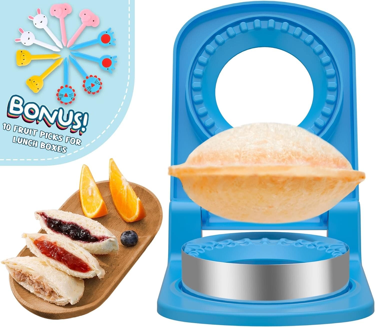 Stainless steel crustless sandwich cutter for kids w/ fruit picks