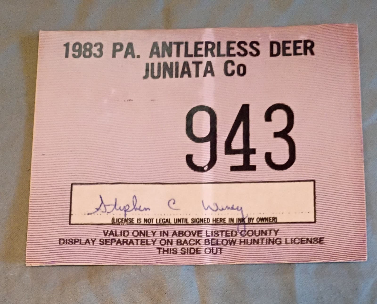 1983 PA Pennsylvania Hunting License Juniata County Doe Low # 943