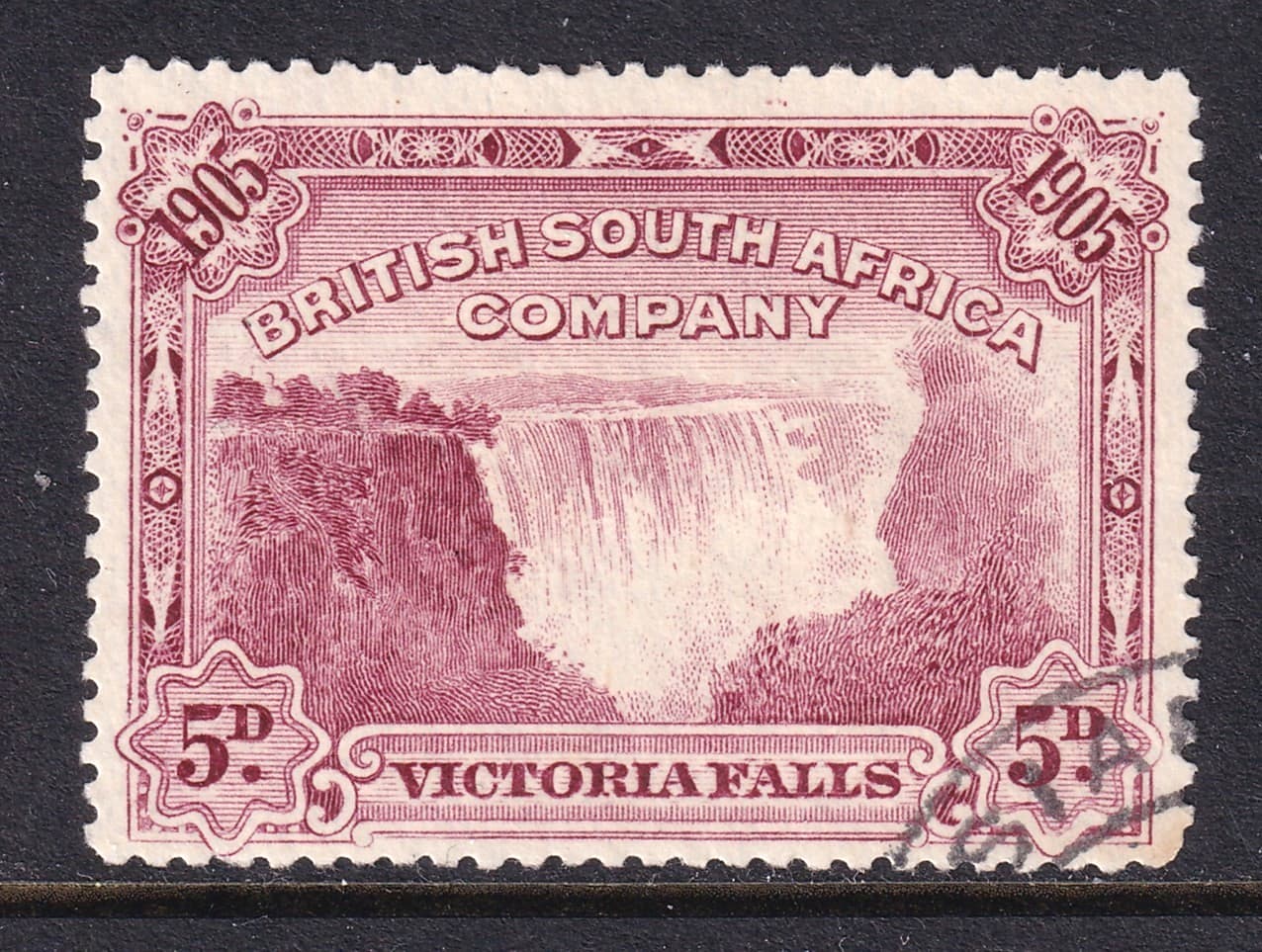 Rhodesia rare 'Bird in Tree' variety on 1905 perf 14 5d Victoria Falls issue