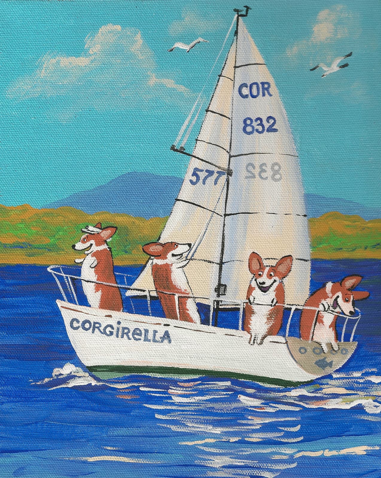 PRINT OF PAINTING PEMBROKE WELSH CORGI RYTA SEASCAPE BEACH YACHT folk art boat