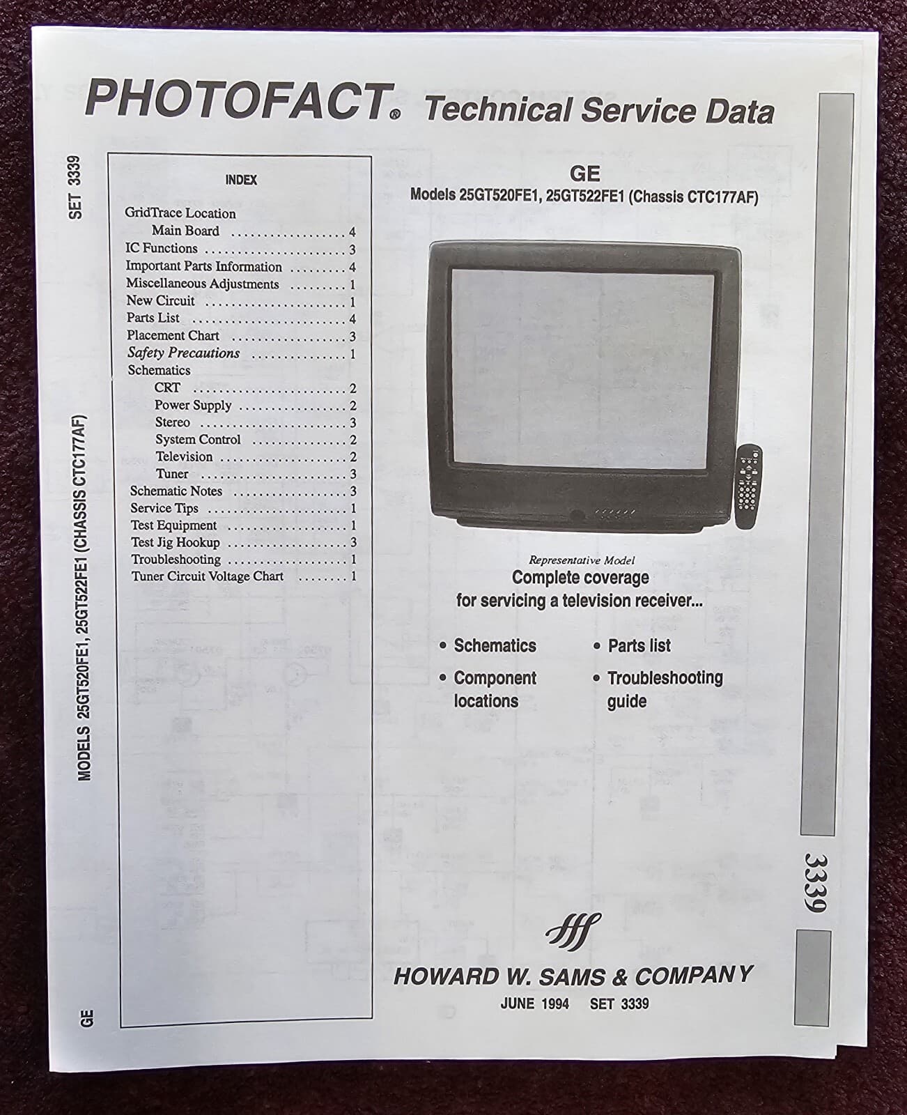 Sams Photofact 3339 Service Manual for GE 25GT520FE1, 25GT522FE1