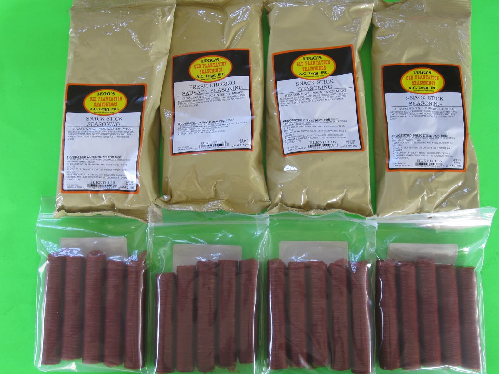 SEASONING and Casings for 100 lbs of Snack Sticks 21mm filled diameter