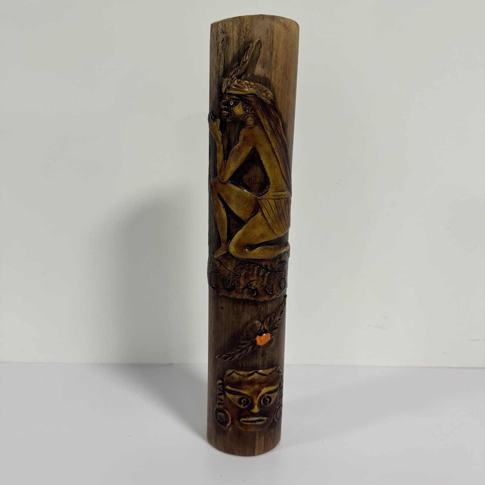 Vintage PERU CUSCO Peruvian Wood Totem Pole Rattling Rainstick Folk Art