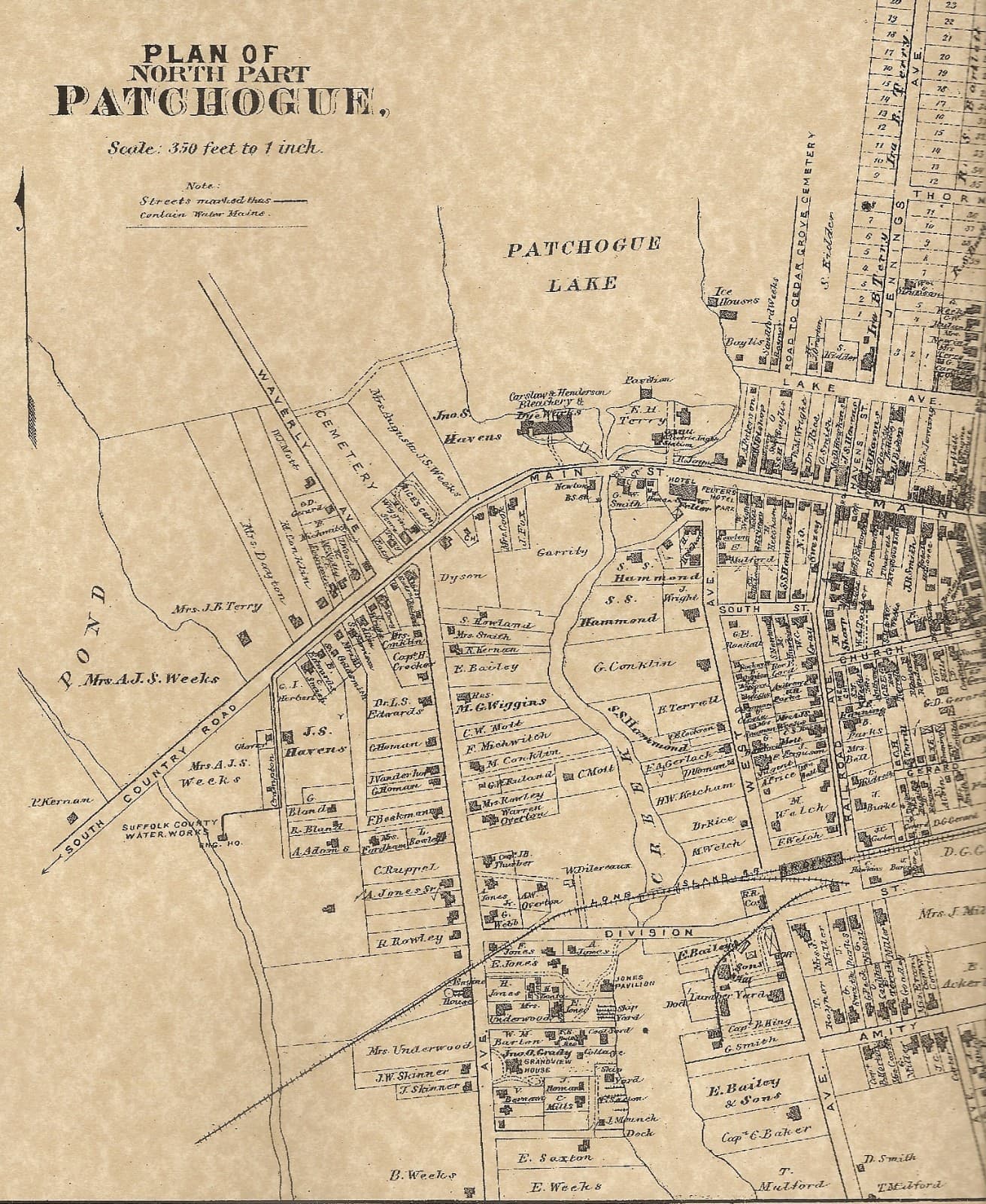 Patchogue NY 1888 Maps with Businesses and Homeowners Names Shown