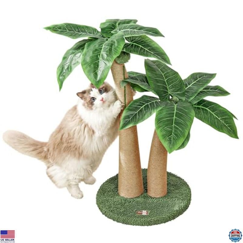 35" Tall Cat Scratching Post with Natural Sisal Rope, 5 Toy Balls, 2 Curved